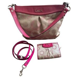 Coach Pink and Tan Ashley Shoulder / Crossbody Bag with matching Wallet.